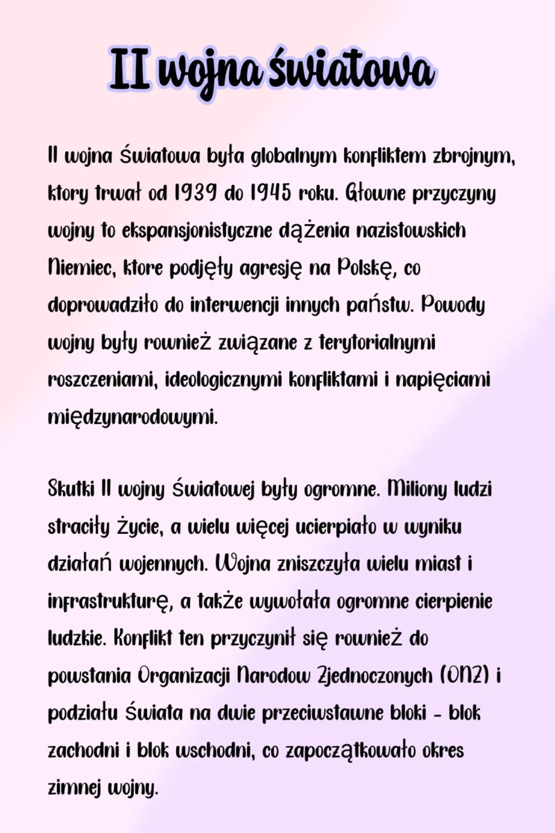 # II wojna światowa
II wojna światowa była globalnym konfliktem zbrojnym,
ktory trwał od 1939 do 1945 roku. Głowne przyczyny
wojny to ekspa