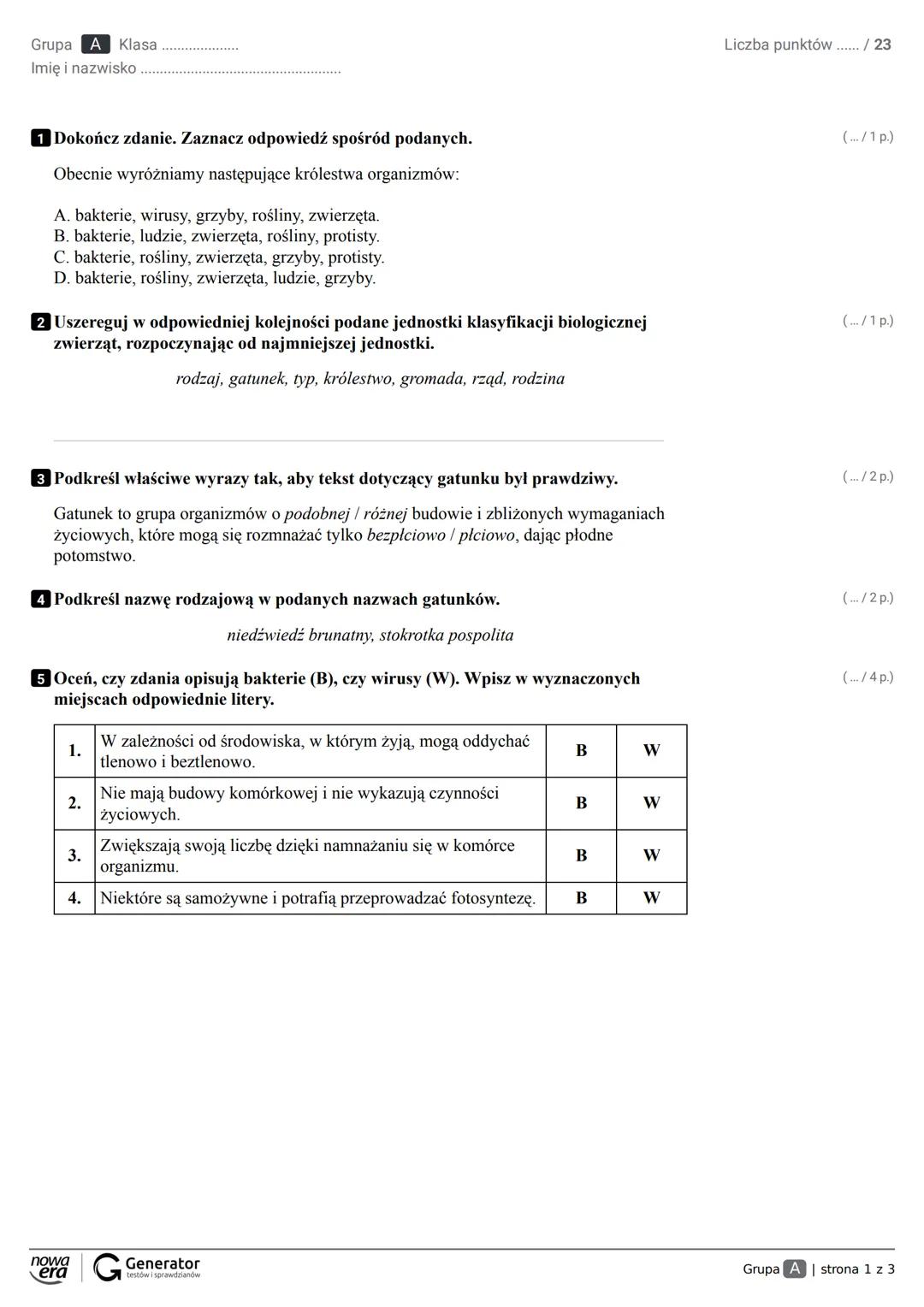 Wirusy,bakterie protisty i grzyby Sprawdzian.