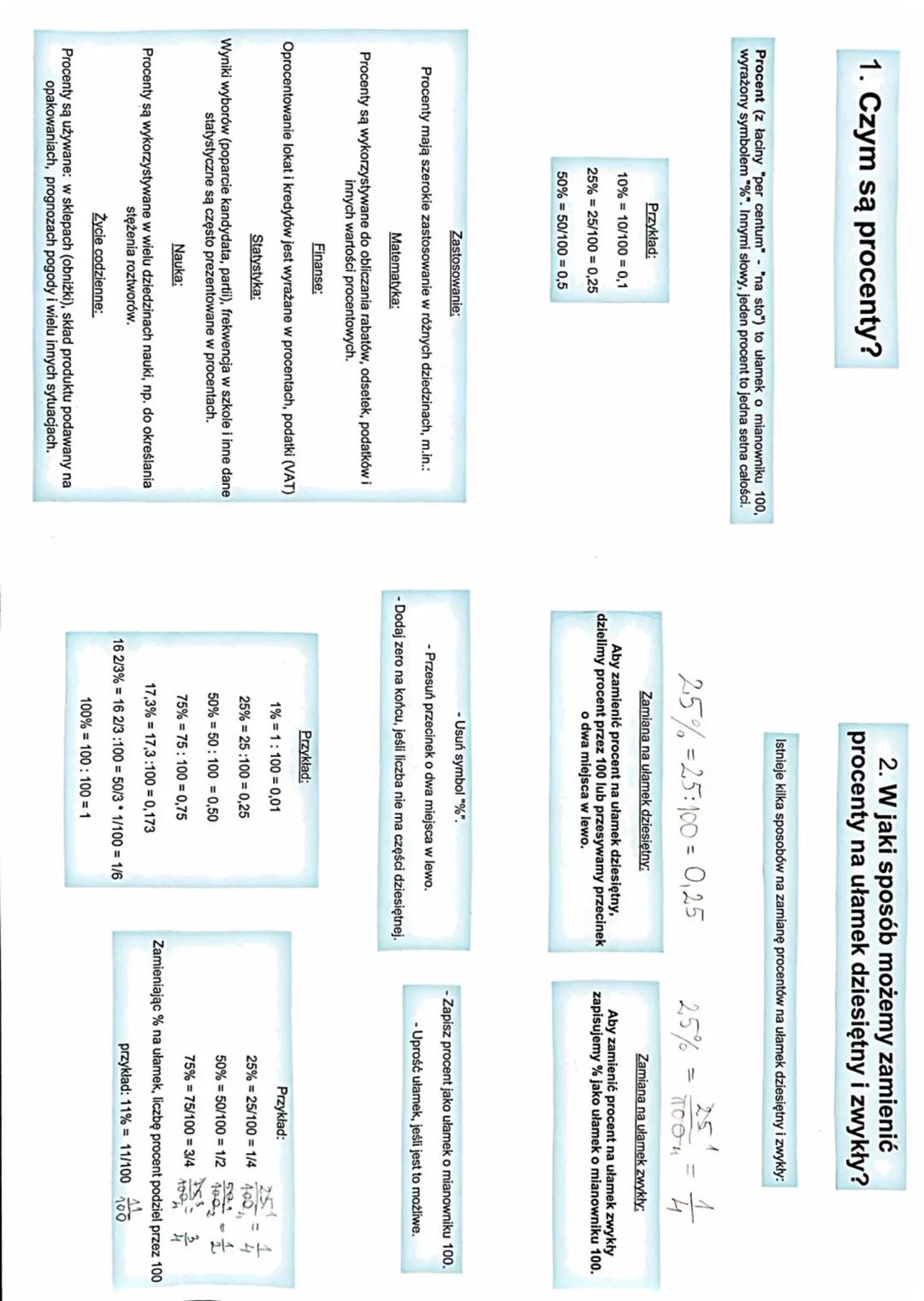 # 1. Czym są procenty?
# 2. W jaki sposób możemy zamienić
procenty na ułamek dziesiętny i zwykły?
Procent (z łaciny "per centum" "na sto")