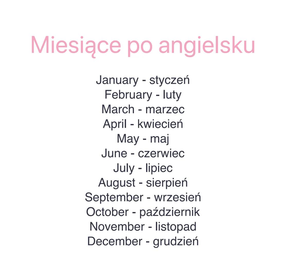 Miesiące po angielsku
January - styczeń
February - luty
March - marzec
April - kwiecień
May - maj
June - czerwiec
July - lipiec
August - si