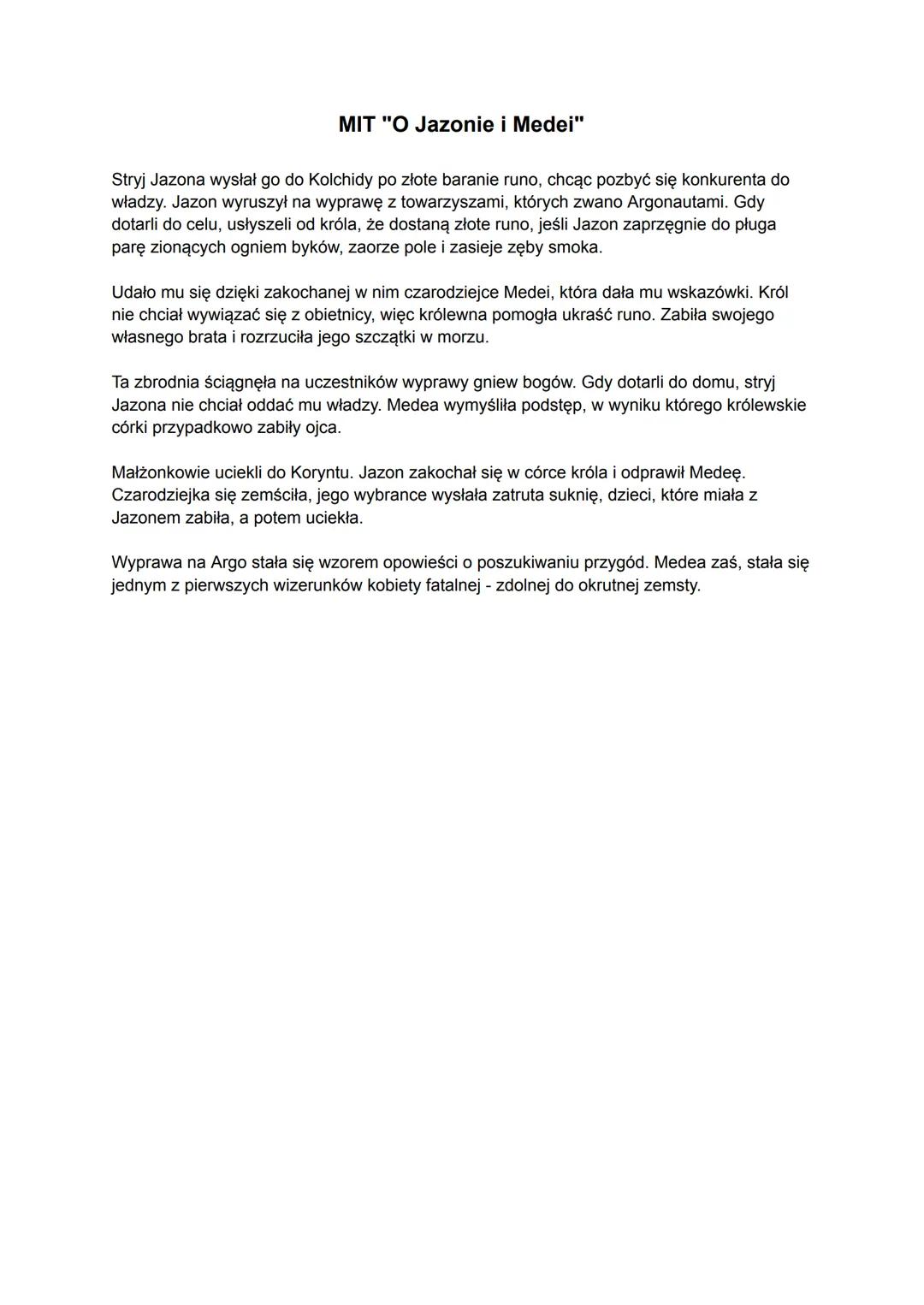 # MIT "O Jazonie i Medei"
Stryj Jazona wysłał go do Kolchidy po złote baranie runo, chcąc pozbyć się konkurenta do
władzy. Jazon wyruszył n