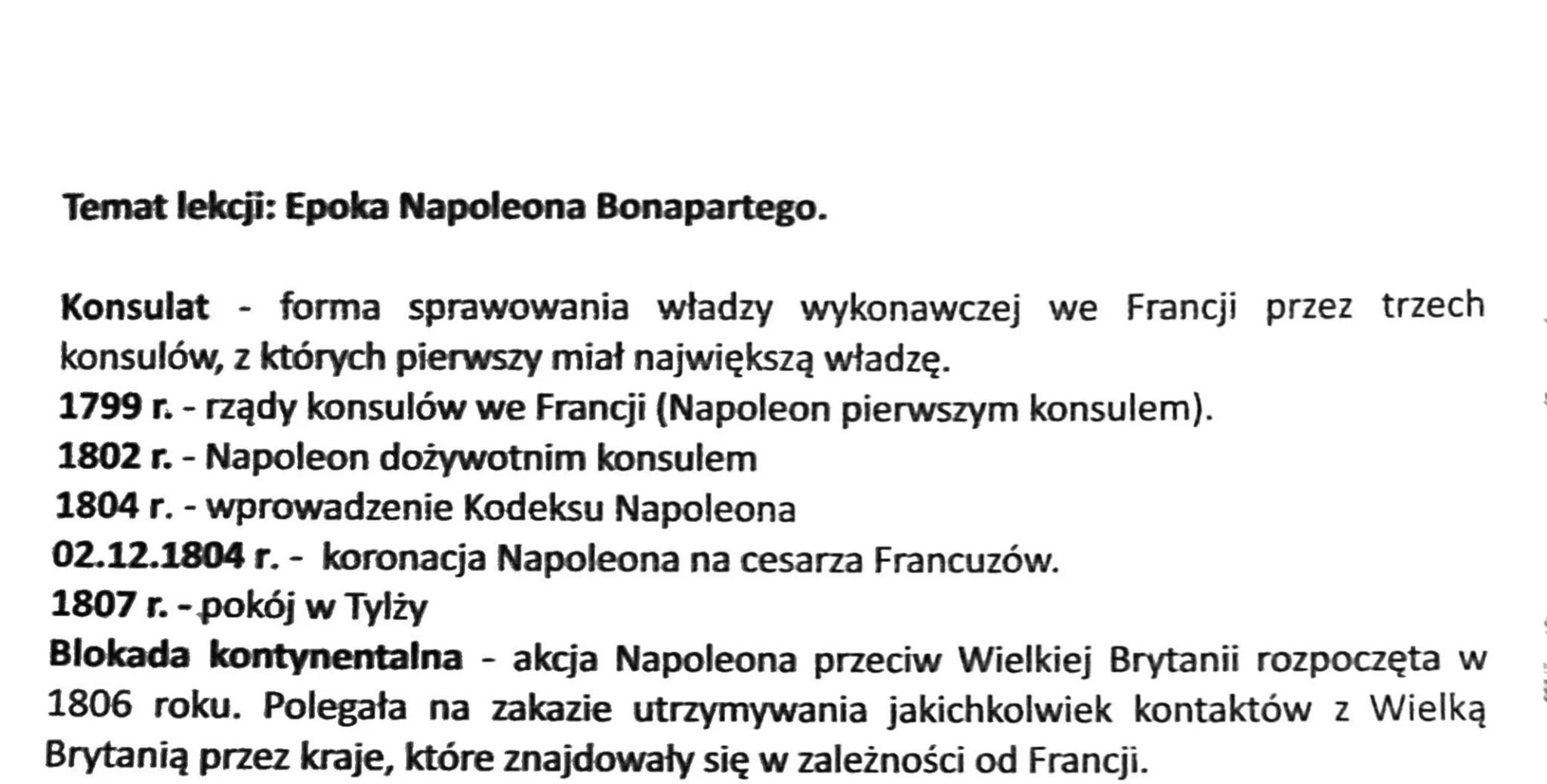 Temat lekcji: Epoka Napoleona Bonapartego.
Konsulat - forma sprawowania władzy wykonawczej we Francji przez trzech
konsulów, z których pier
