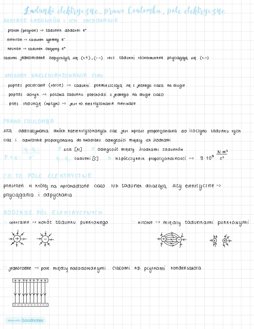 # Ladunki dektryczne, prawo Coulomba, pole elektryczne
RODZAJE ŁADUNKÓN I ICH ZACHONANIE
proton (pozyton) radunek dodatni e
elektron tadu