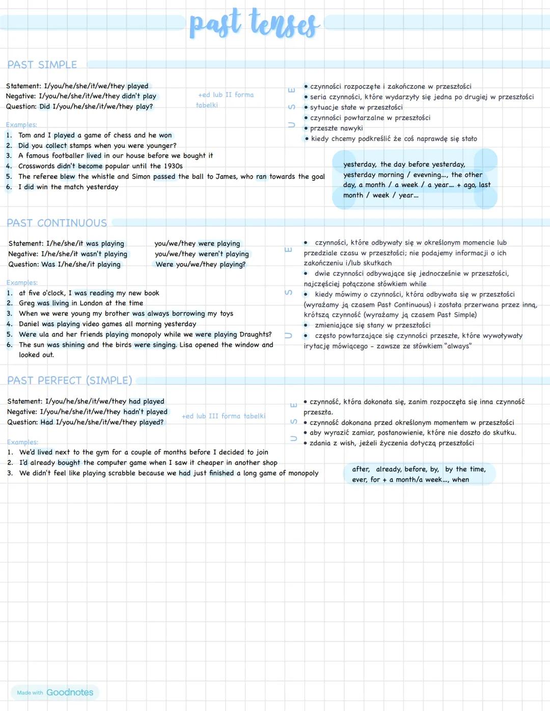 PAST SIMPLE
Statement: I/you/he/she/it/we/they played
Negative: I/you/he/she/it/we/they didn't play
Question: Did I/you/he/she/it/we/they pl