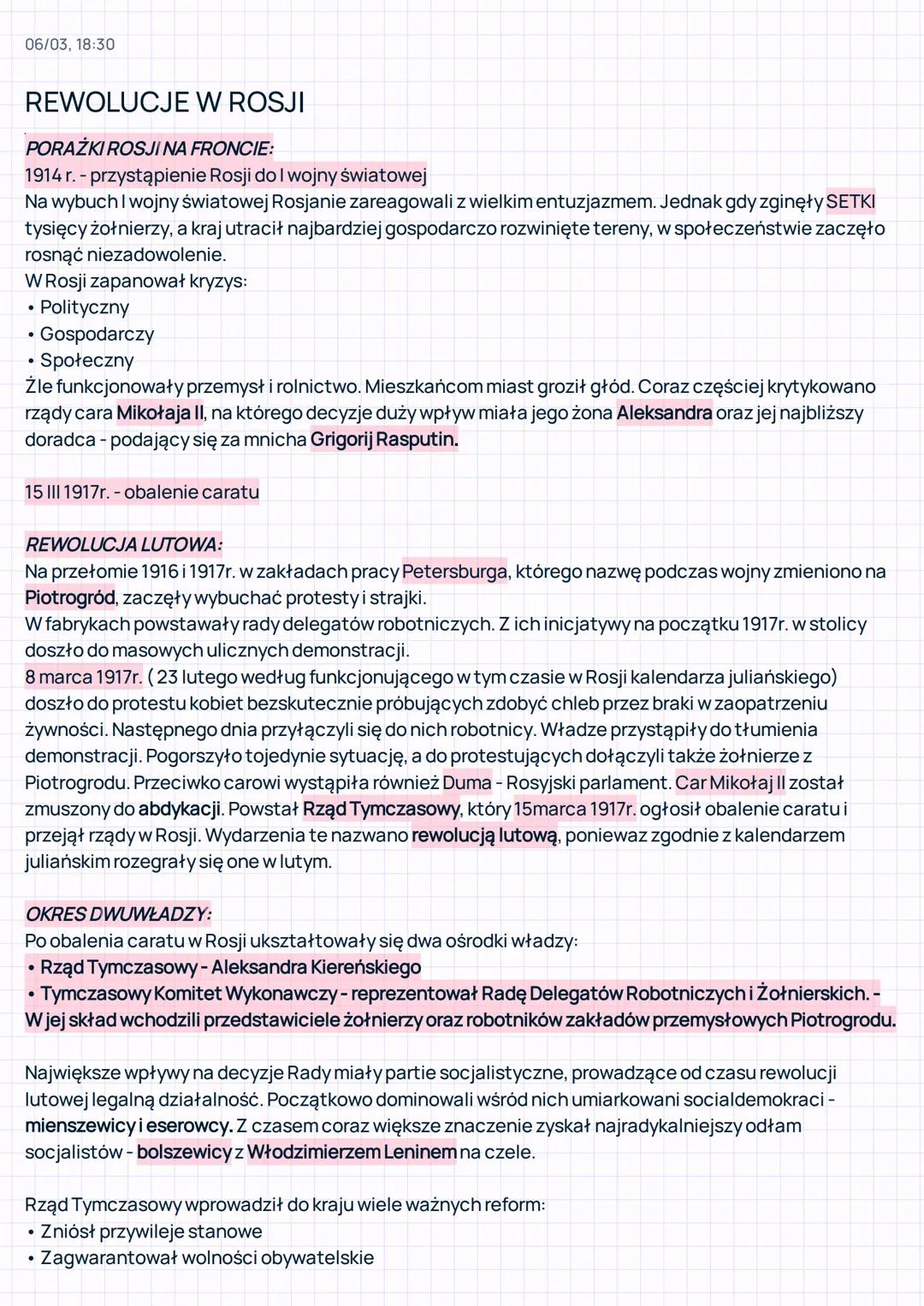 06/03, 18:30
REWOLUCJE W ROSJI
PORAŻKI ROSJI NA FRONCIE:
1914 r. - przystąpienie Rosji do I wojny światowej
Na wybuch I wojny światowej Rosj
