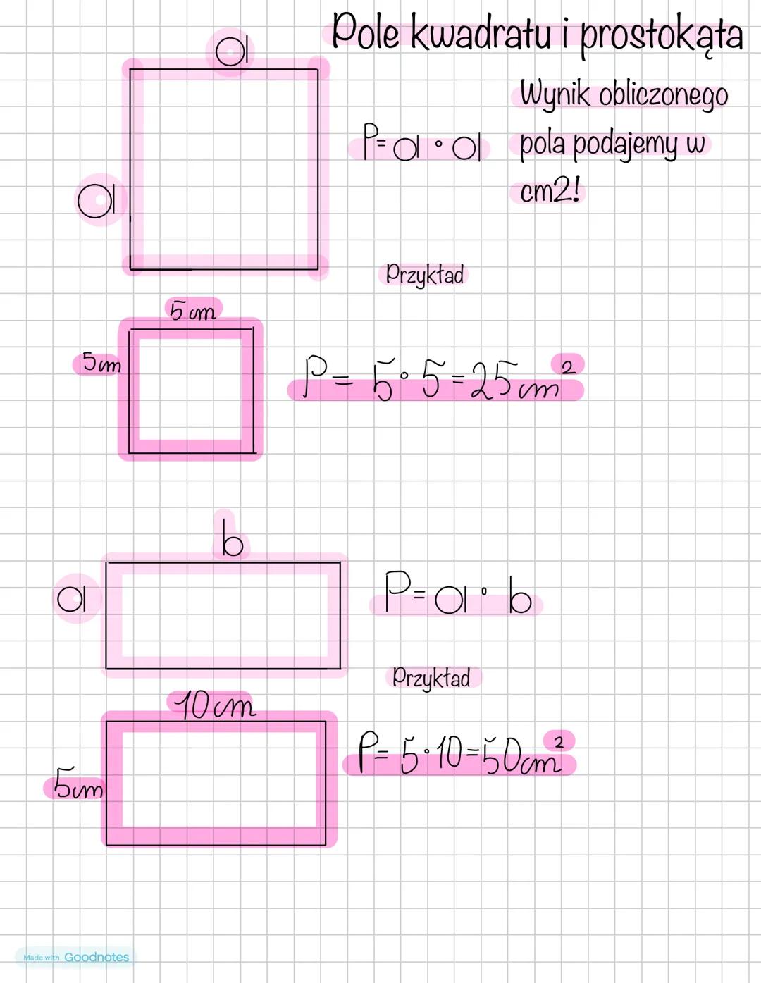 # Pole kwadratu i prostokąta
Wynik obliczonego
P=101 pola podajemy w
cm2!
Przykład
5 cm
5cm
P= 5°5=25cm²
b
ΟΙ
P= a • b
Przykład
10cm
P