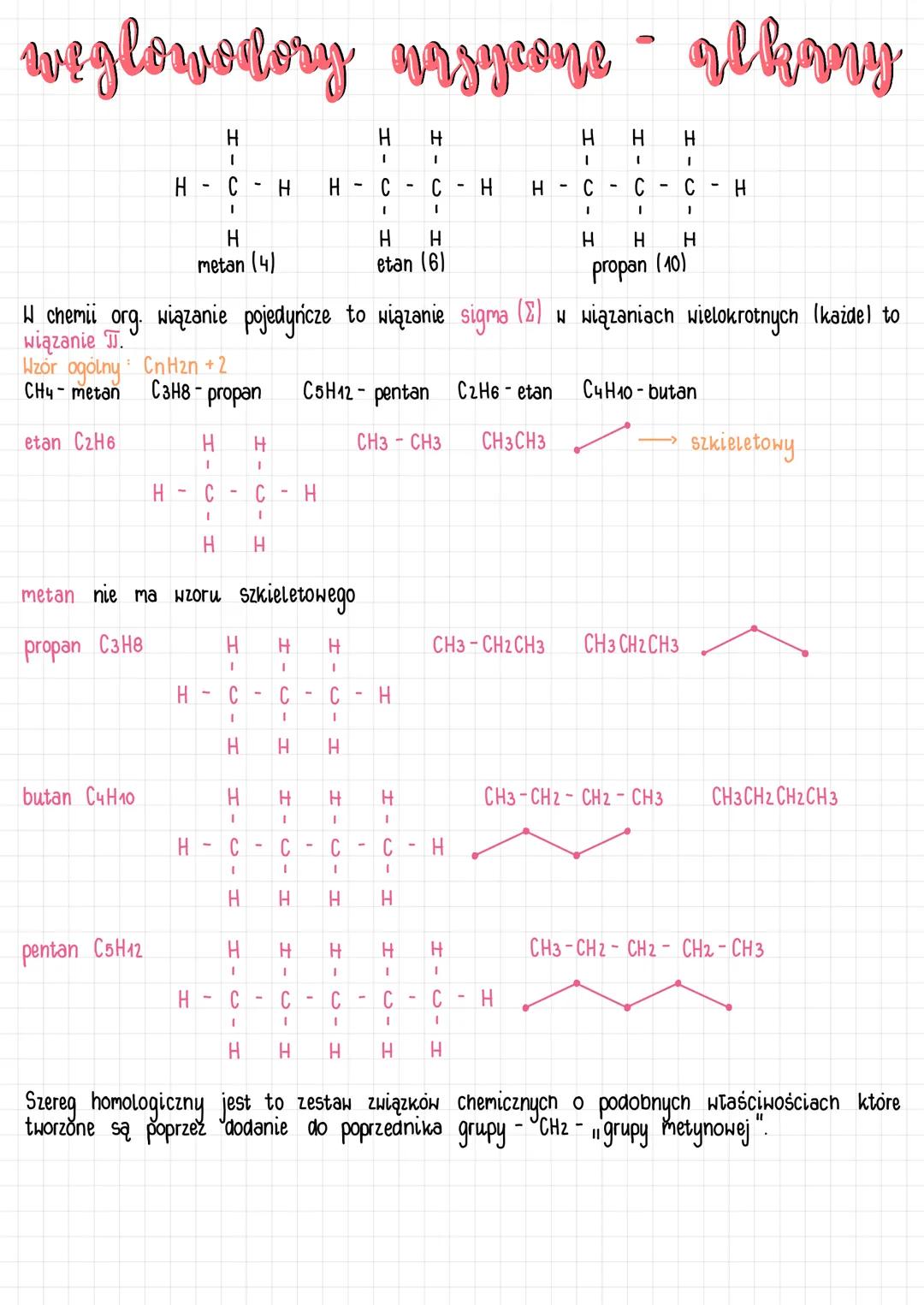 weglowodory nasycone- alkany
H-C-H H-C-C-H H-C-C-C-H
H H H H H H H
|
metan (4) etan (6) propan (10)
W chemii org. wiązanie pojedyńcze to
