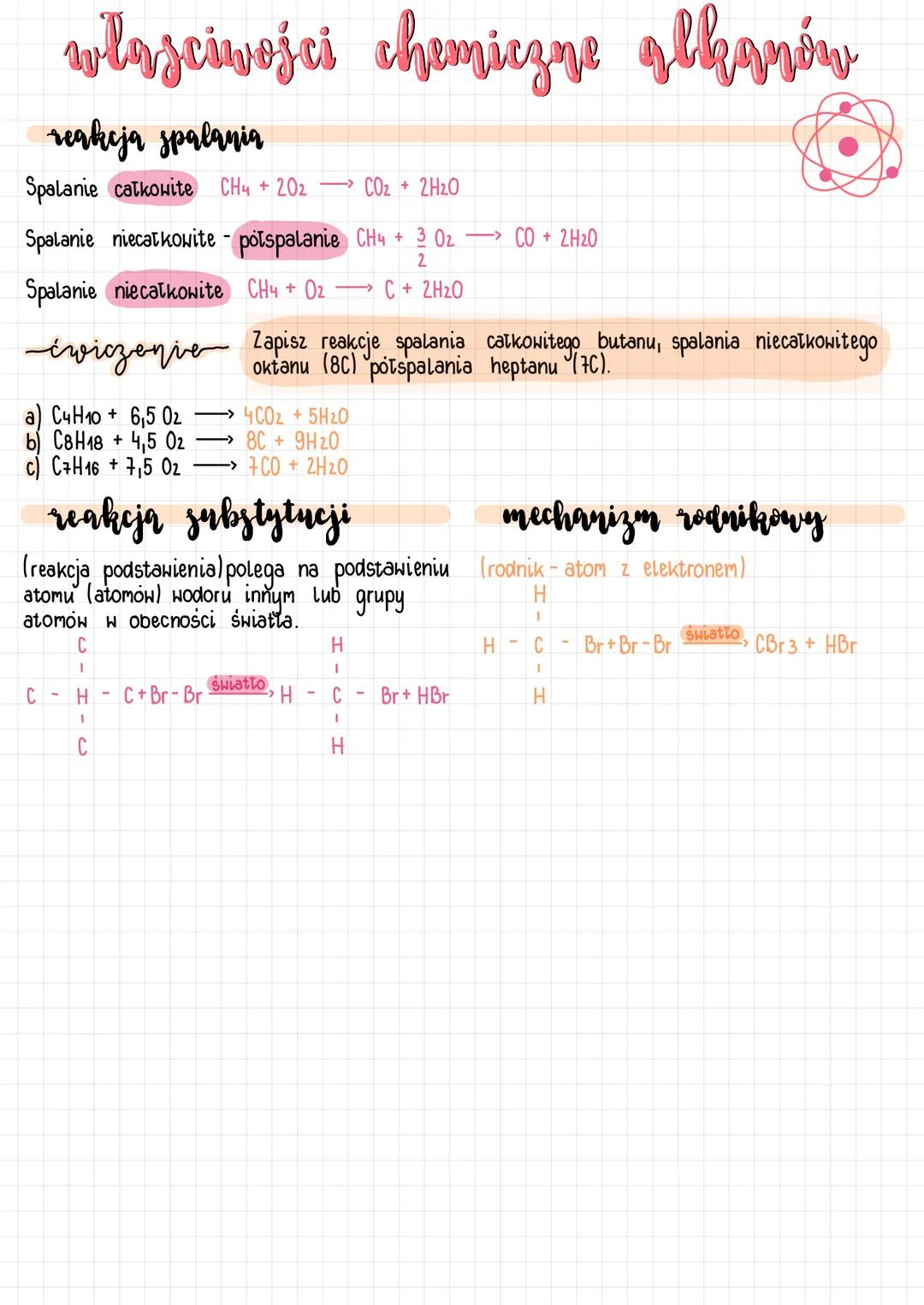 # wlasciwości chemiczne glkanów
reakcja spalania
Spalanie całkowite CH4 + 202 $\rightarrow$ CO2 + 2H2O
Spalanie niecałkowite - potspalani
