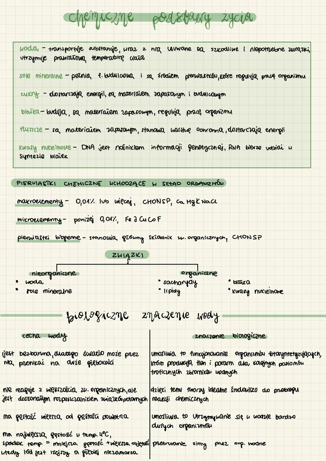 chemiczne
podstawy życia
woda - transportije substancje, wraz z nią usuwane są szkodliwe i niepotrzebne związki,
Utrzymuje prawidłowa temper