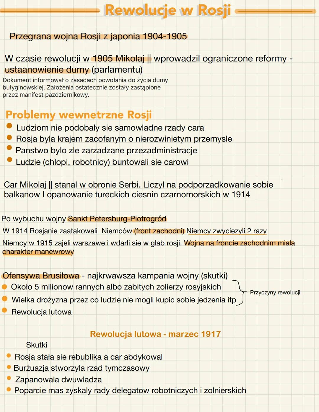 Rewolucje w Rosji
Przegrana wojna Rosji z japonia 1904-1905
W czasie rewolucji w 1905 Mikolaj || wprowadzil ograniczone reformy -
ustaanowie