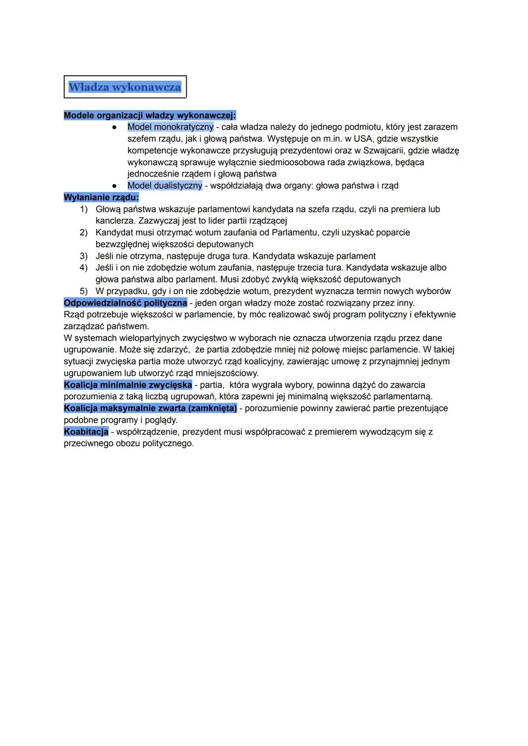 Władza wykonawcza
Modele organizacji władzy wykonawczej:
• Model monokratyczny - cała władza należy do jednego podmiotu, który jest zarazem