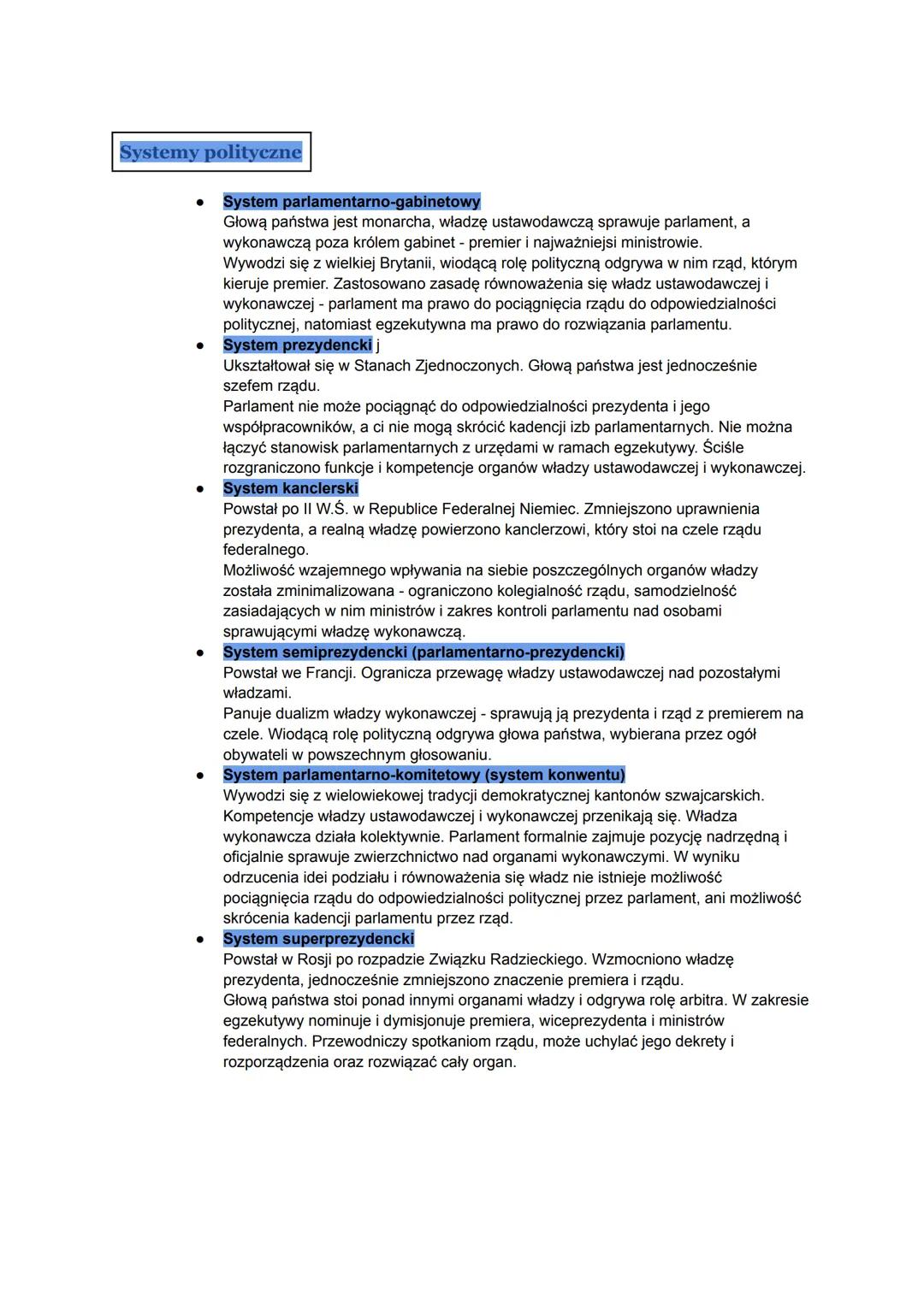# Systemy polityczne
- System parlamentarno-gabinetowy
Głową państwa jest monarcha, władzę ustawodawczą sprawuje parlament, a
wykonawcz