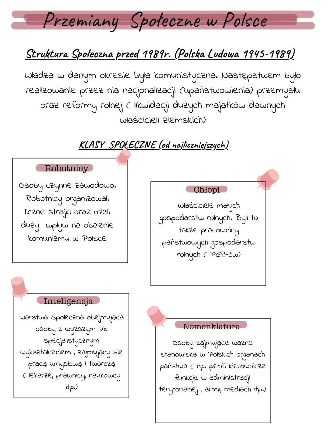 # Przemiany Społeczne w Polsce
Struktura Społeczna przed 1989r. (Polska Ludowa 1945-1989)
władza w danym okresie była komunistyczna. Nastę