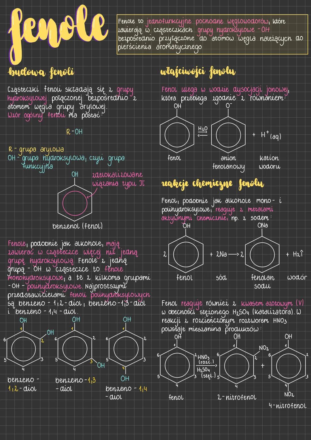 # fenole
Fenole to jednofunkcyjne pocnoane węglowodorów, które
Lawierają w cząsteczkach grupy nyaroksylowe -OH
do atomow węgla należących a