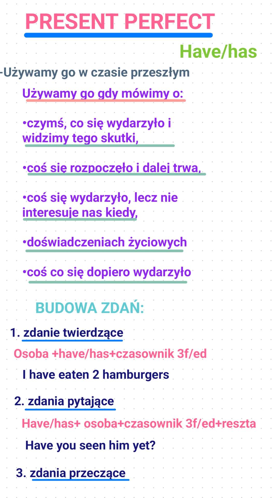 PRESENT PERFECT
Have/has
-Używamy go w czasie przeszłym
Używamy go gdy mówimy o:
⚫czymś, co się wydarzyło i
widzimy tego skutki,
⚫coś się ro