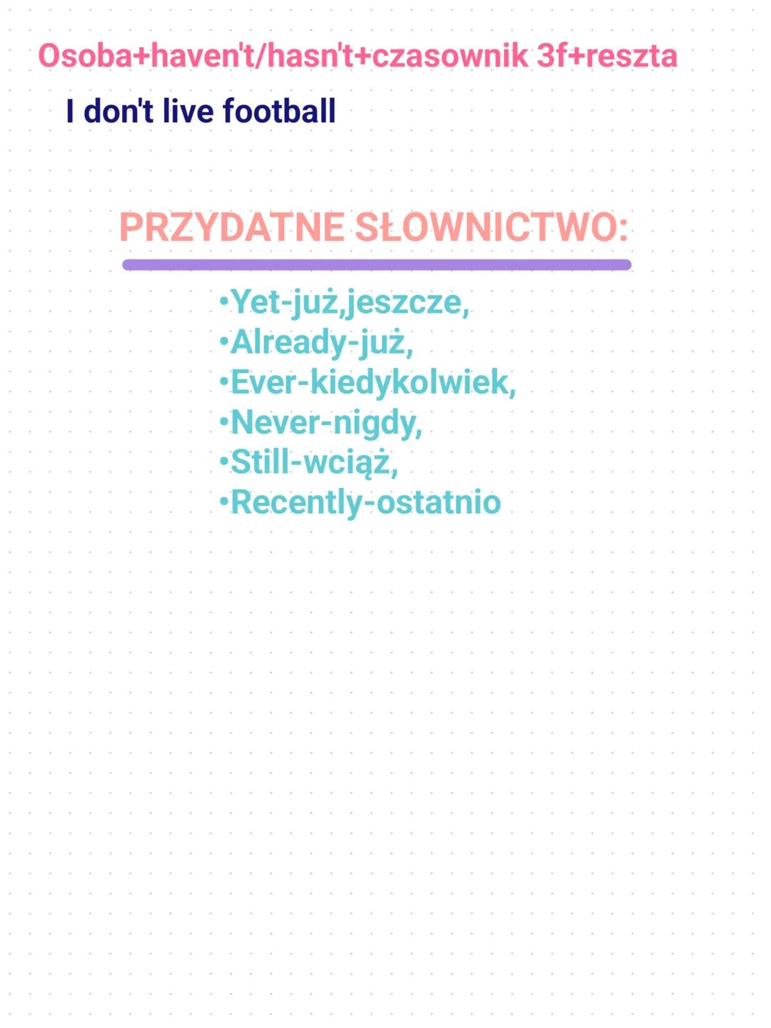 PRESENT PERFECT
Have/has
-Używamy go w czasie przeszłym
Używamy go gdy mówimy o:
⚫czymś, co się wydarzyło i
widzimy tego skutki,
⚫coś się ro