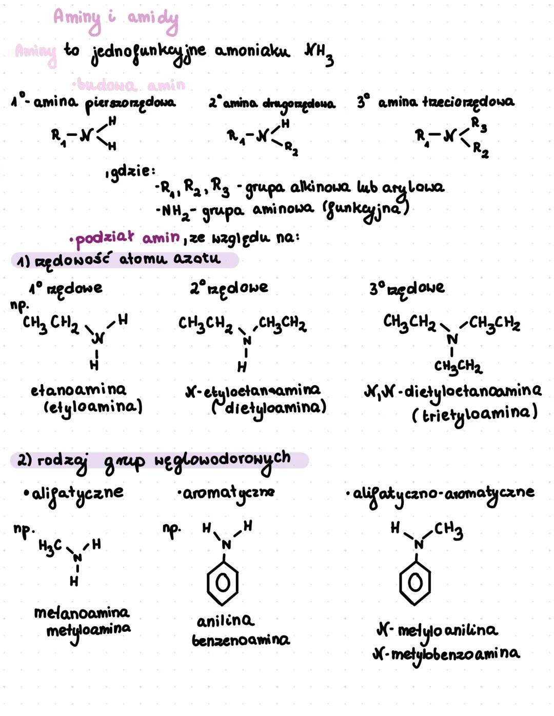 Aminy i amidy
Aming to jednofunkcyjne amoniaku NH3
budowa amin
1°-amina pierszorzędowa
H
R₁-N
gdzie:
2°amina drugo rzędowa
3º amina trzecior