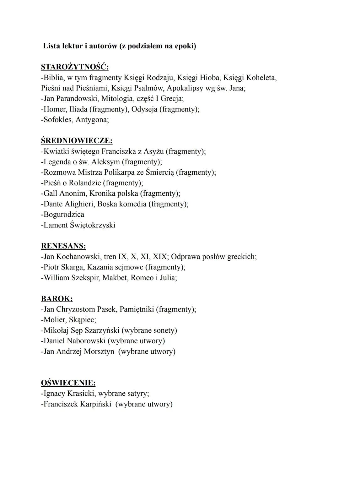 Lista lektur i autorów (z podziałem na epoki)