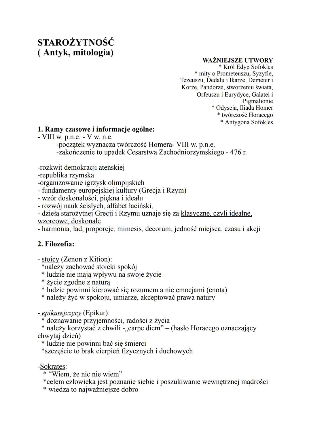 STAROŻYTNOŚĆ
(Antyk, mitologia)
WAŻNIEJSZE UTWORY
*Król Edyp Sofokles
*mity o Prometeuszu, Syzyfie,
Tezeuszu, Dedalu i Ikarze, Demeter i
Kor
