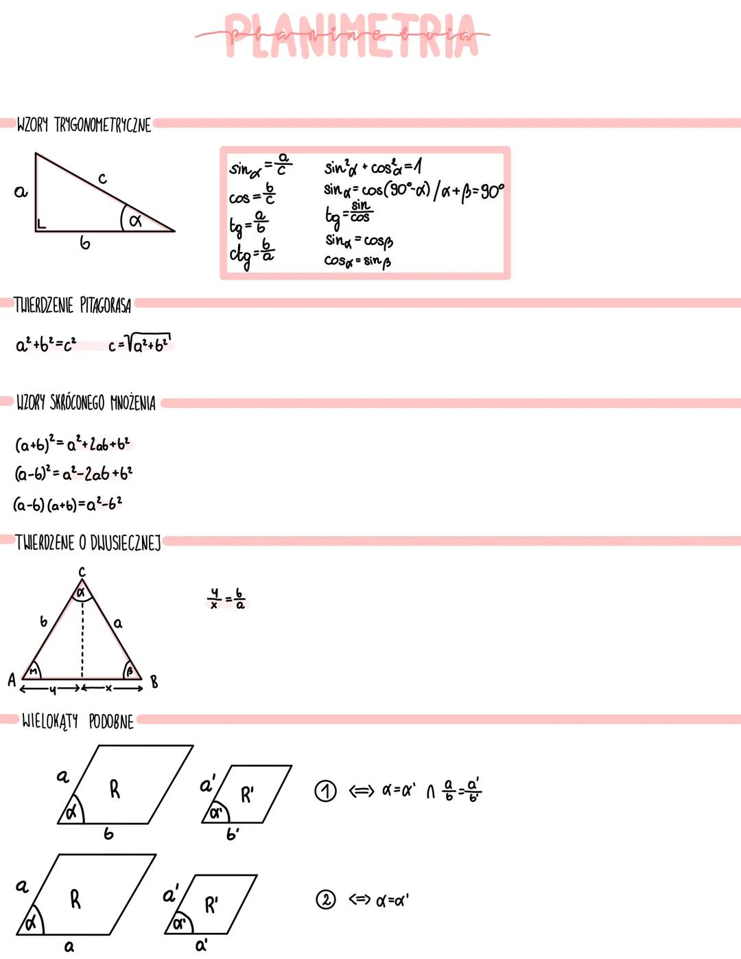 PLANIMETRIA
WZORY TRIGONOMETRYCZNE
a
с
sind
cos=
α
tg=응
cbg-
0=√9²+621
Sin² + cos²α=1
sin = cos(90°)/x+6=90°
sin
tg = cos
=
Sina-cosp
Cosα=s