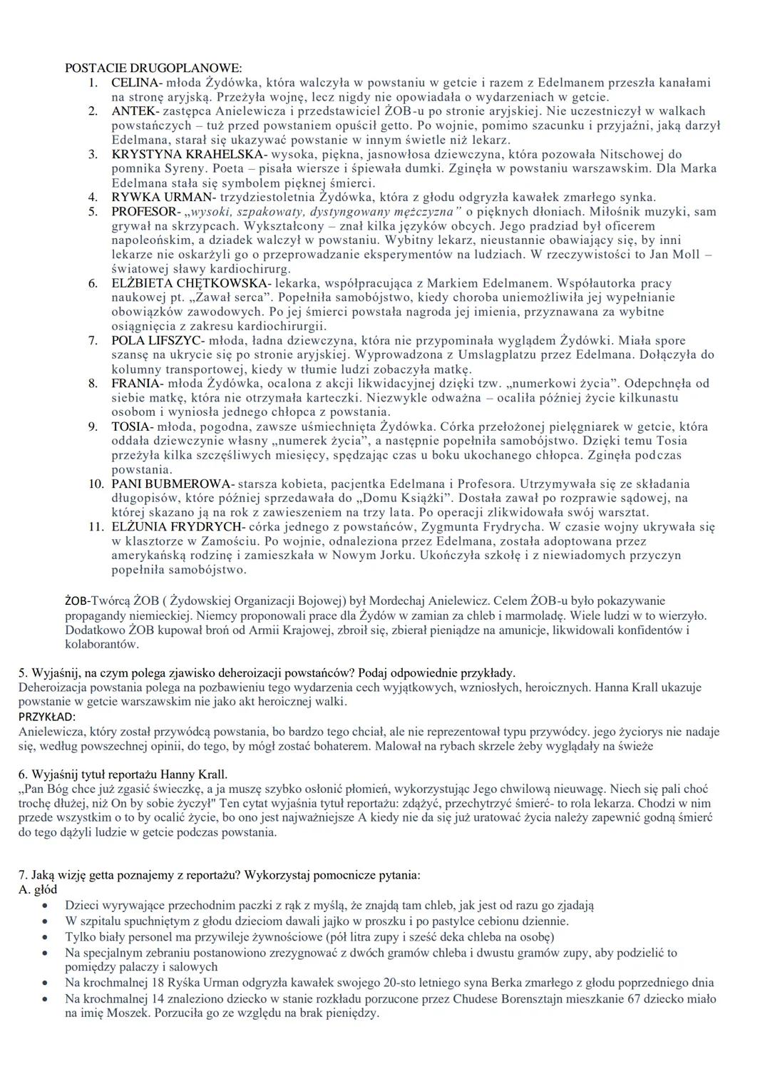 POSTACIE DRUGOPLANOWE:
1.
2.
CELINA- młoda Żydówka, która walczyła w powstaniu w getcie i razem z Edelmanem przeszła kanałami
na stronę aryj