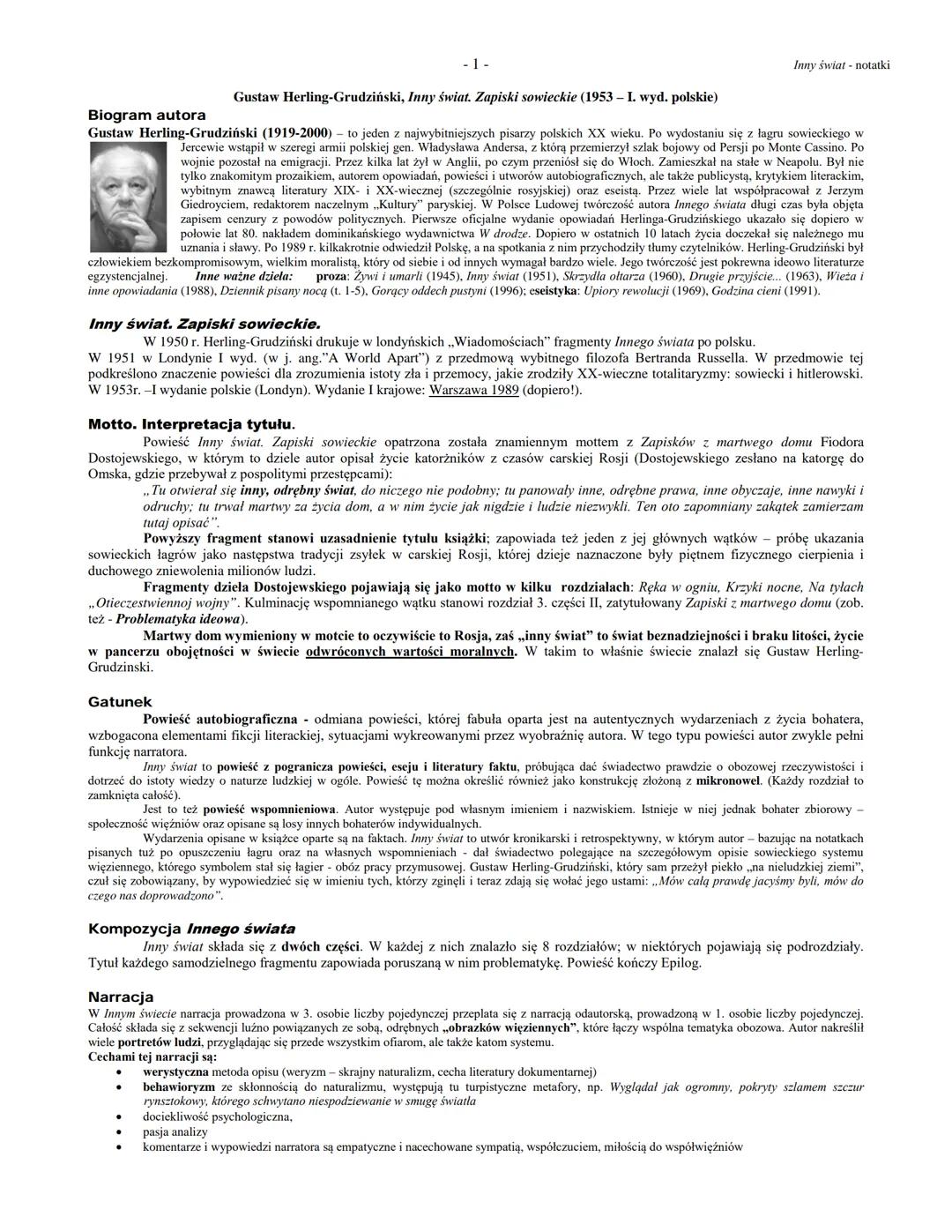 Biogram autora
-1-
Gustaw Herling-Grudziński, Inny świat. Zapiski sowieckie (1953 - I. wyd. polskie)
Inny świat notatki
Gustaw Herling-Grudz