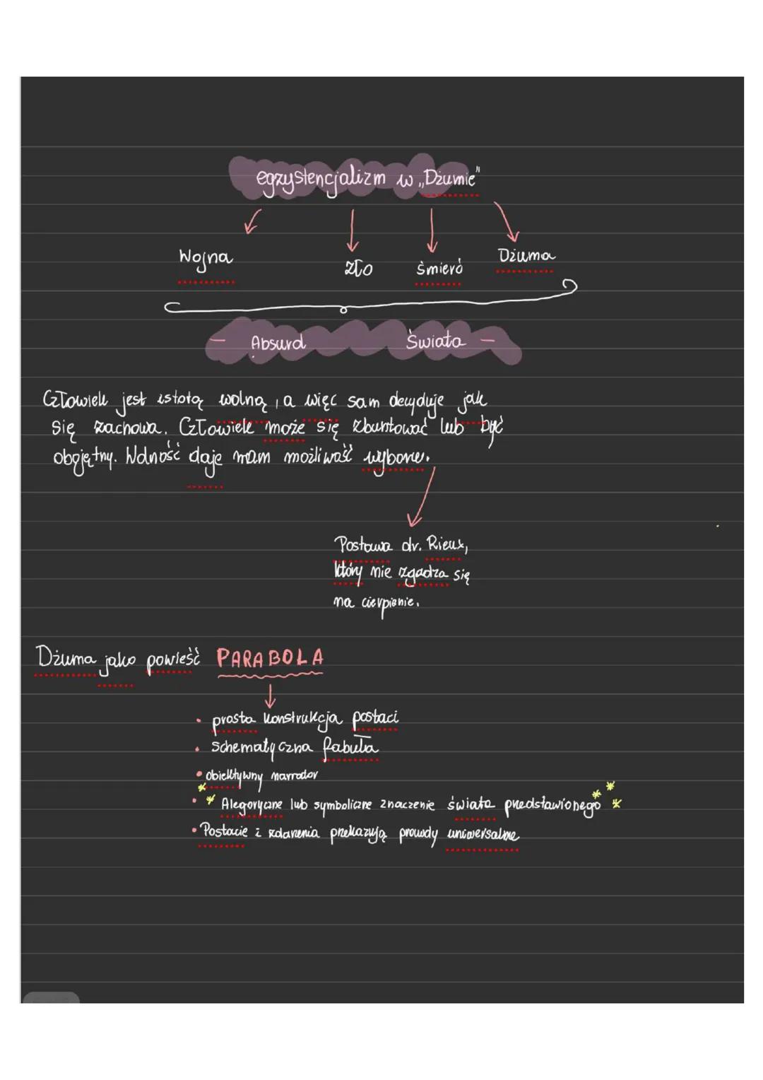 egzystencjalizm w „Dzumie"
Wojna
Dzuma
что
Śmieró
Absurd
Swiata
Człowiek jest istotą wolną, a więc sam decyduje jak
Się zachowa, Człowiele m