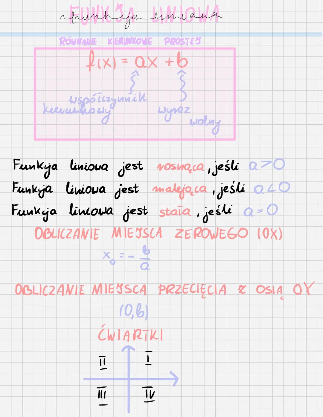 hunheja
limian
ROWNANIE KIERUNKOWE PROSTES
f(x) = ax + b
współczynnik
kiemunhony
Wyraz
wolny
Funkyja liniowa jest rosnąca, jeśli azo
Funkija
