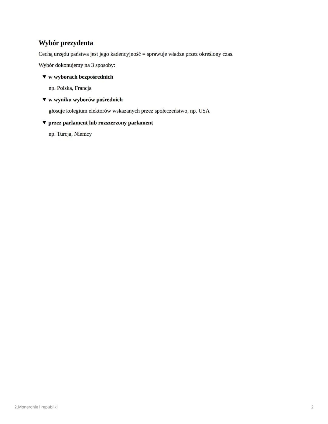 # 2.Monarchie i republiki
Monarchia dziedziczny władca
Republika prezydent
Formy monarchi:
- Absolutna - konstytucja lub inne zasady ustal