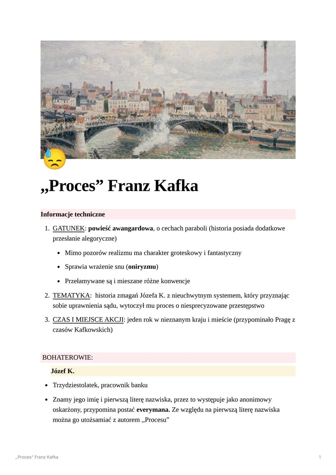 „Proces" Franz Kafka
Informacje techniczne
1. GATUNEK: powieść awangardowa, o cechach paraboli (historia posiada dodatkowe
przesłanie alegor