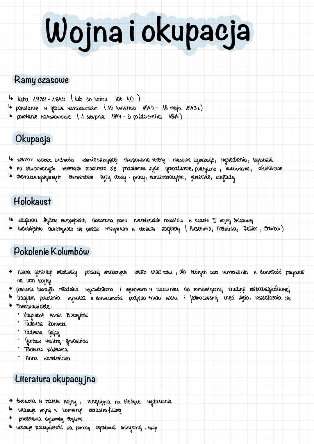# Wojna i okupacja
Ramy czasowe
* lata 1939-1945 (lub do końca lat 40.)
* porstanie n getcie warszawskim (19 kwietnia 1943-16 maja 194