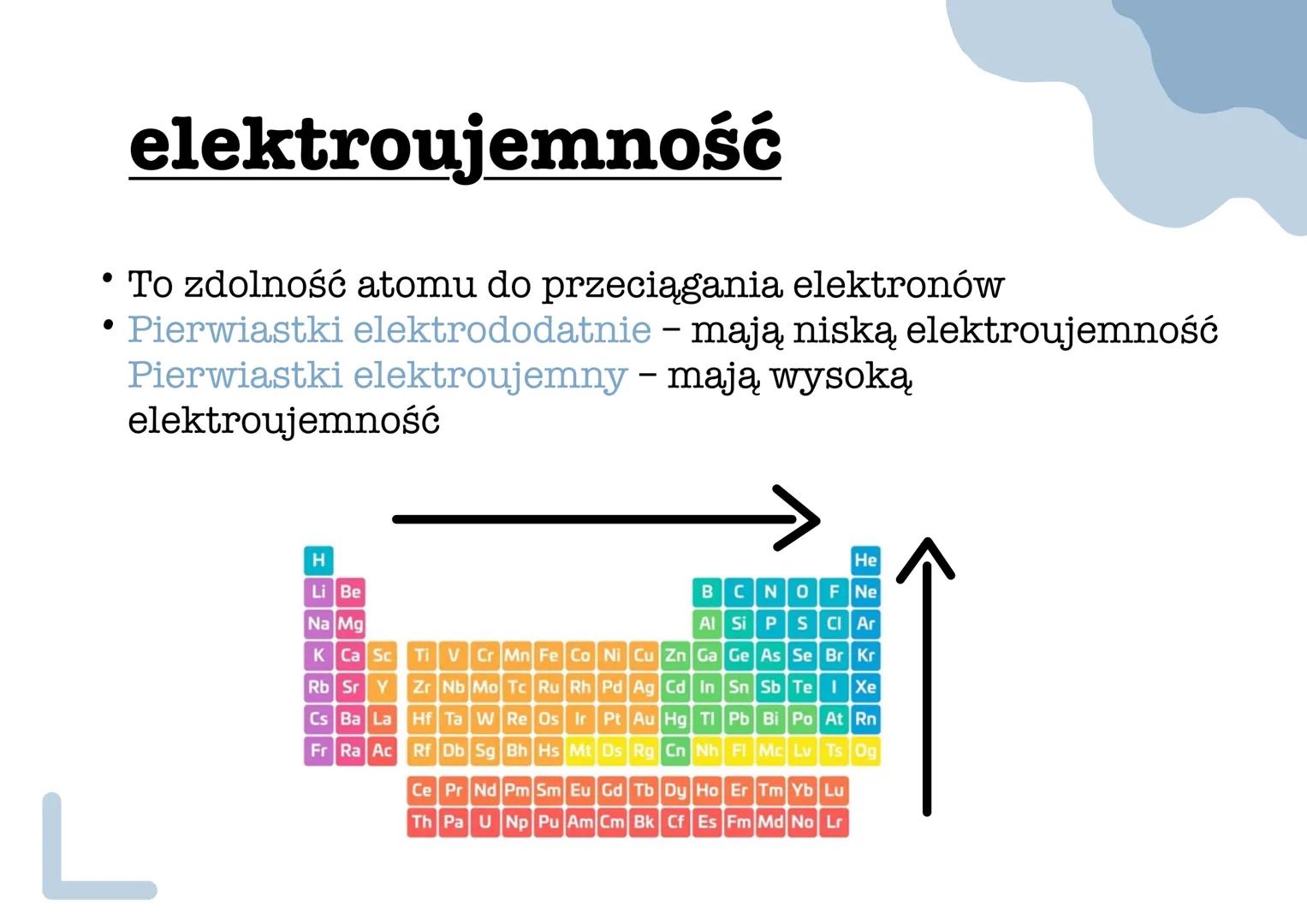 # elektroujemność
• To zdolność atomu do przeciągania elektronów
• Pierwiastki elektrododatnie - mają niską elektroujemność
Pierwiastki ele