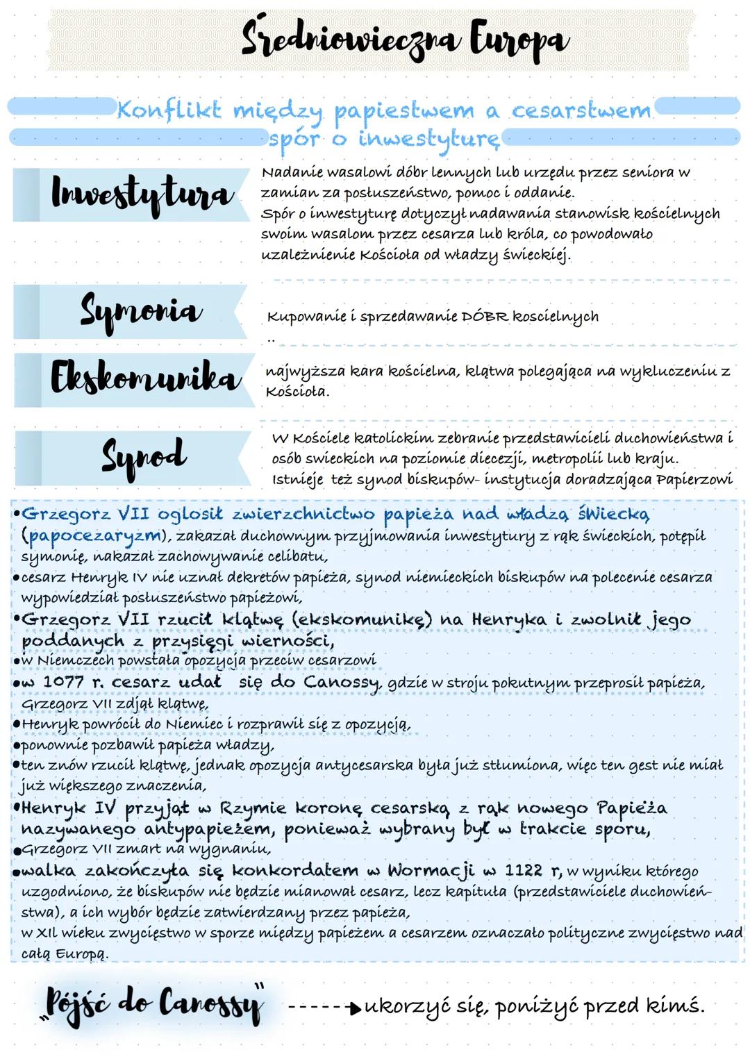 # Średniowieczna Europa
Konflikt między papiestwem a cesarstwem
spór o inwestyturę
Inwestytura
Nadanie wasalowi dóbr lennych lub urzędu p