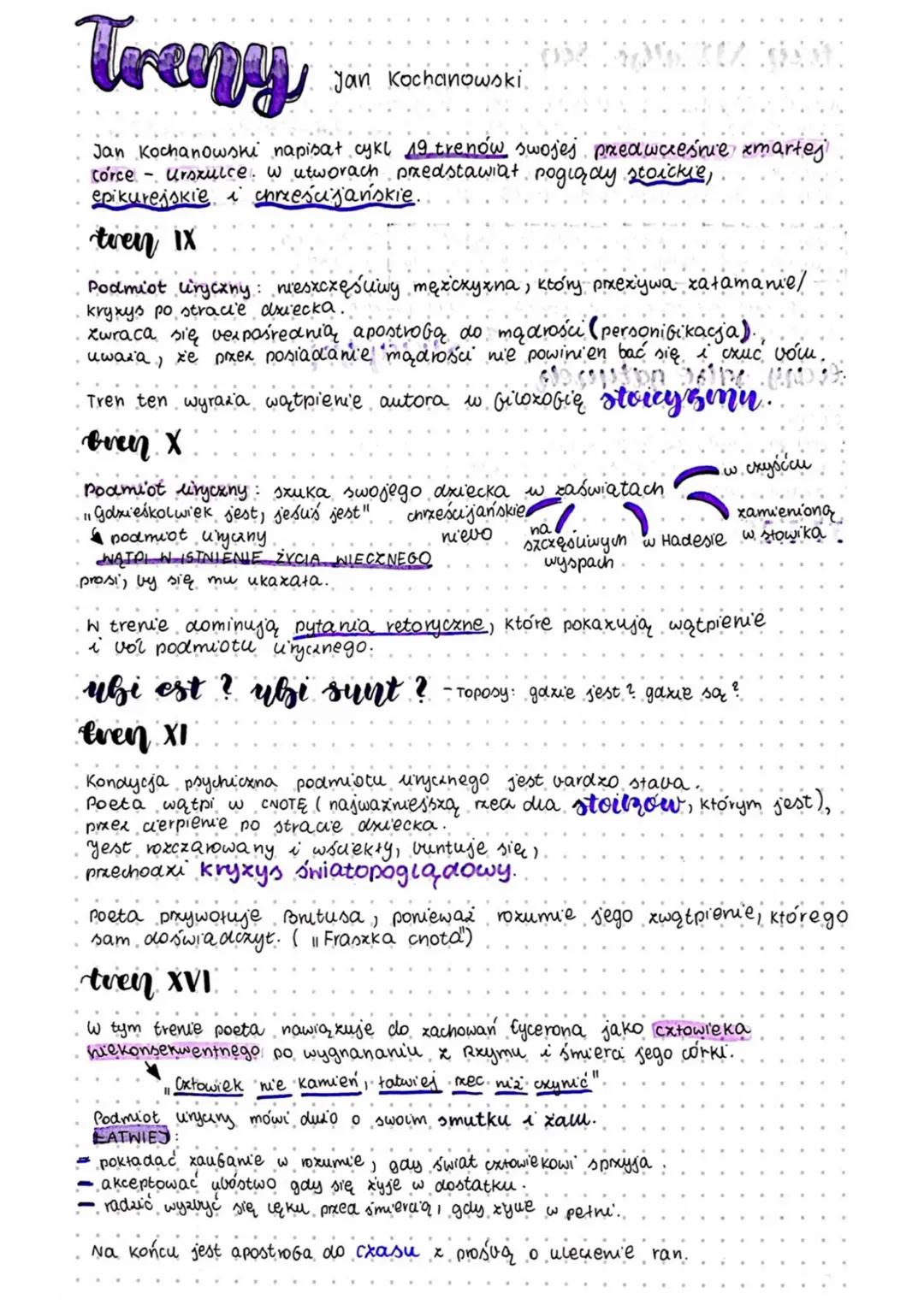 # Treepy
Jan Kochanowski
Jan Kochanowski napisat cykl 19 trenów swojej predwcześnie zmartej
corce Urszulce. w utworach przedstawiał pogiąay