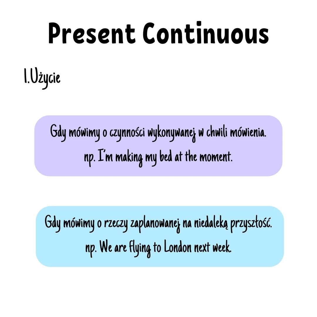 # Present Continuous
1. Użycie
Gdy mówimy o czynności wykonywanej w chwili mówienia.
np. I'm making my bed at the moment.
Gdy mówimy o rz