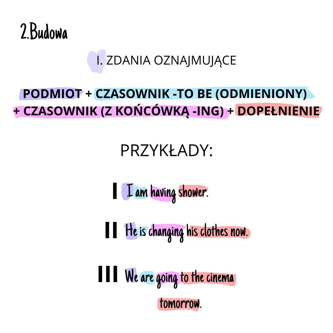 # Present Continuous
1. Użycie
Gdy mówimy o czynności wykonywanej w chwili mówienia.
np. I'm making my bed at the moment.
Gdy mówimy o rz