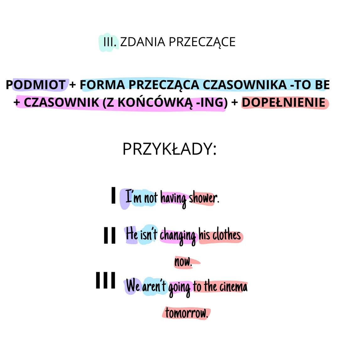 # Present Continuous
1. Użycie
Gdy mówimy o czynności wykonywanej w chwili mówienia.
np. I'm making my bed at the moment.
Gdy mówimy o rz