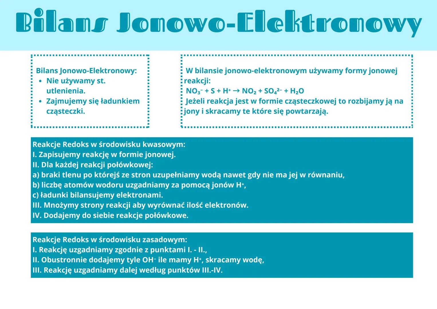 # Bilans Jonowo-Elektronowy
Bilans Jonowo-Elektronowy:
- Nie używamy st.
utlenienia.
- Zajmujemy się ładunkiem
cząsteczki.
W bilansie jono