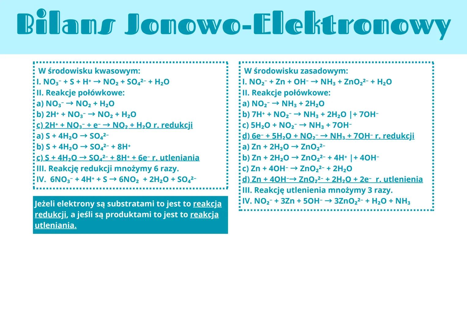 # Bilans Jonowo-Elektronowy
Bilans Jonowo-Elektronowy:
- Nie używamy st.
utlenienia.
- Zajmujemy się ładunkiem
cząsteczki.
W bilansie jono