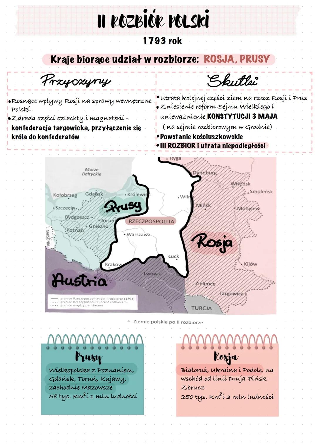 # II ROZBIÓR POLSKİ
1793 rok
Kraje biorące udział w rozbiorze: ROSJA, PRUSY
Przyczyny
* Rosnące wpływy Rosji na sprawy wewnętrzne