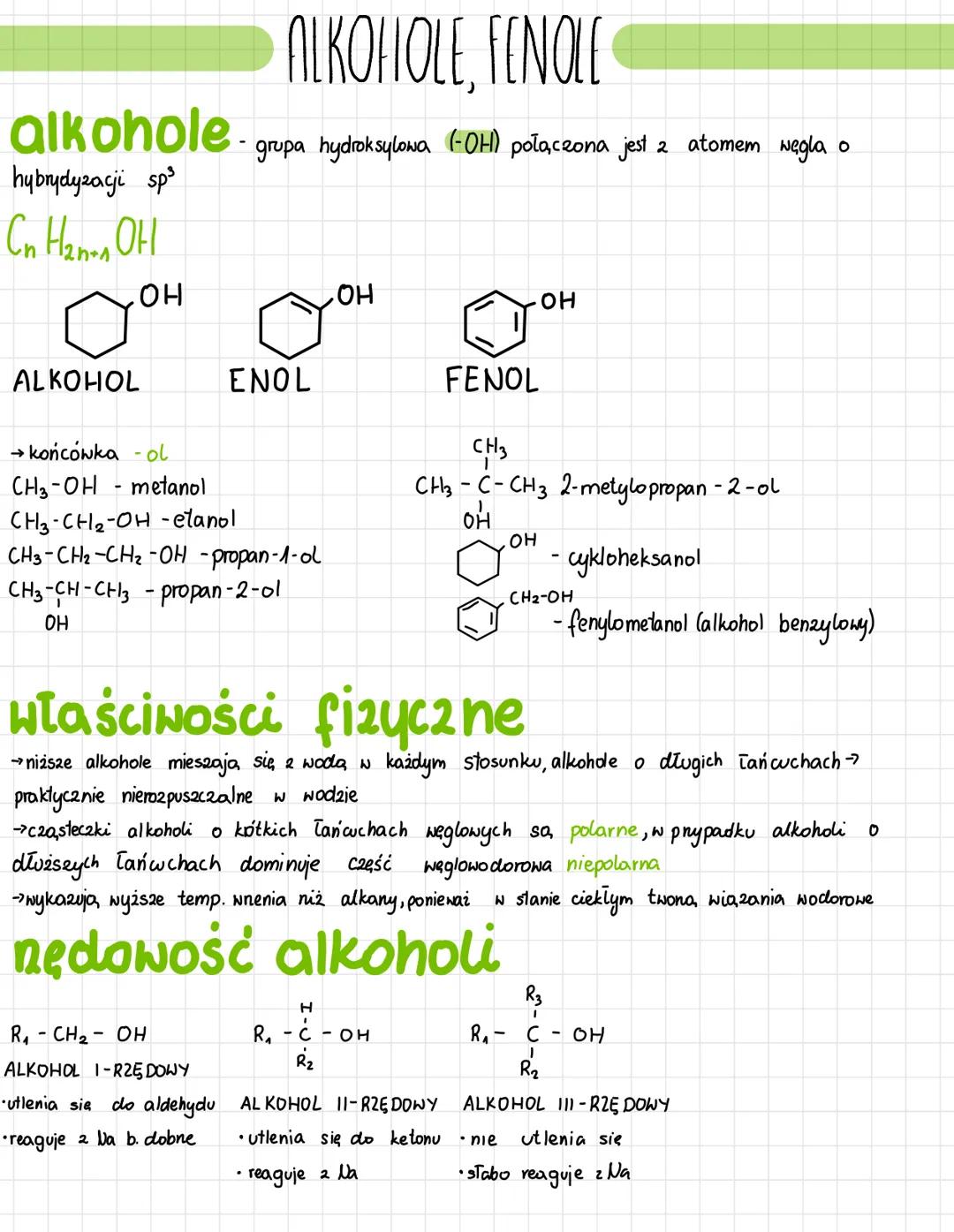 # ALKOHOLE, FENOLE
alkohole. grupa hydroksylowa (-OH) połączona jest z 2 atomem węgla o
hybrydyzacji sp³
$C_n H_{2n+1} OH$
OH
OH
OH
ALKO