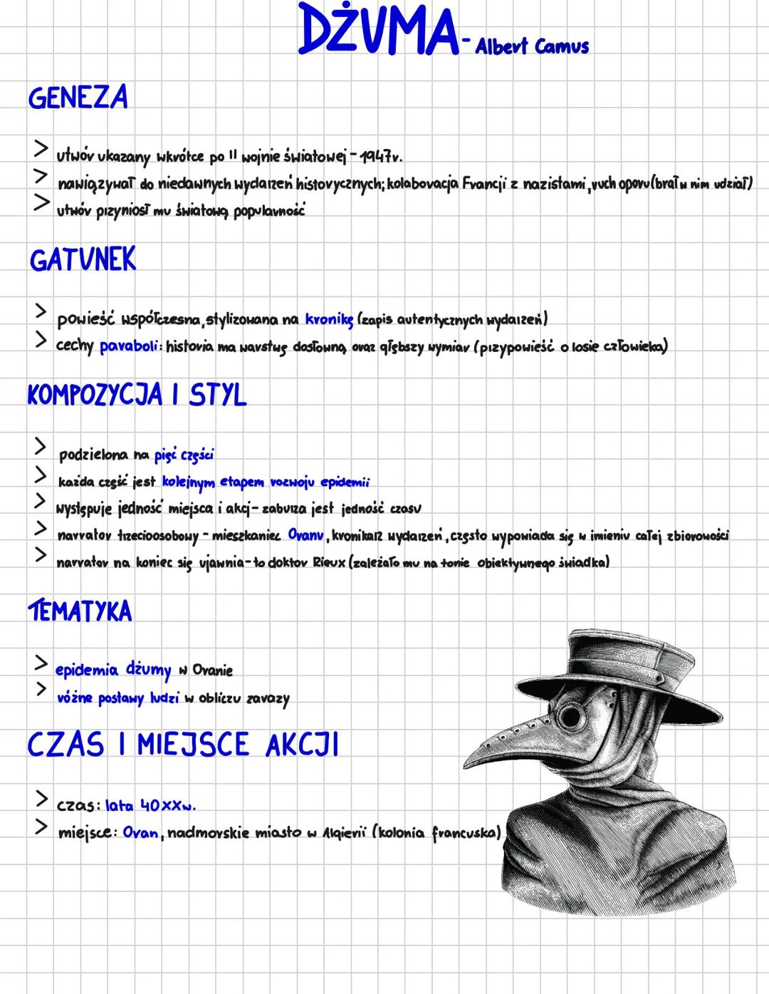 DZVMA-
Albert Camus
GENEZA
> utwór ukazany wkrótce ро I wojnie światowej 1947v.
>
nawiązywał do niedawnych wydarzeń histovycznych; kolabovac
