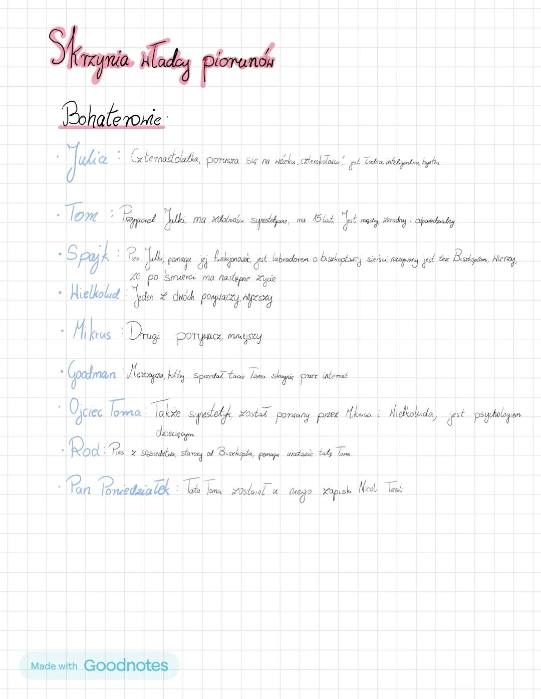 # Skrzynia lady piorunów
## Bohaterowie
- Julia: Cxternastolatka, porusza się na wázku czterokotarum, jest Tatha inteljantna, bystas
- To