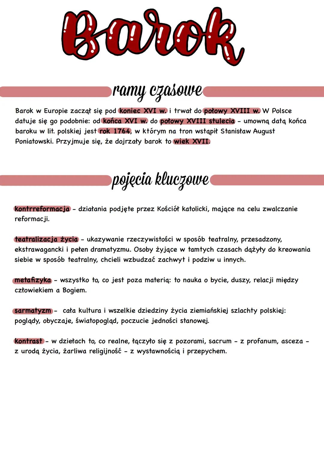 Barok
ramy czasowe
Barok w Europie zaczął się pod koniec XVI w. i trwał do połowy XVIII w. W Polsce
datuje się go podobnie: od końca XVI w.