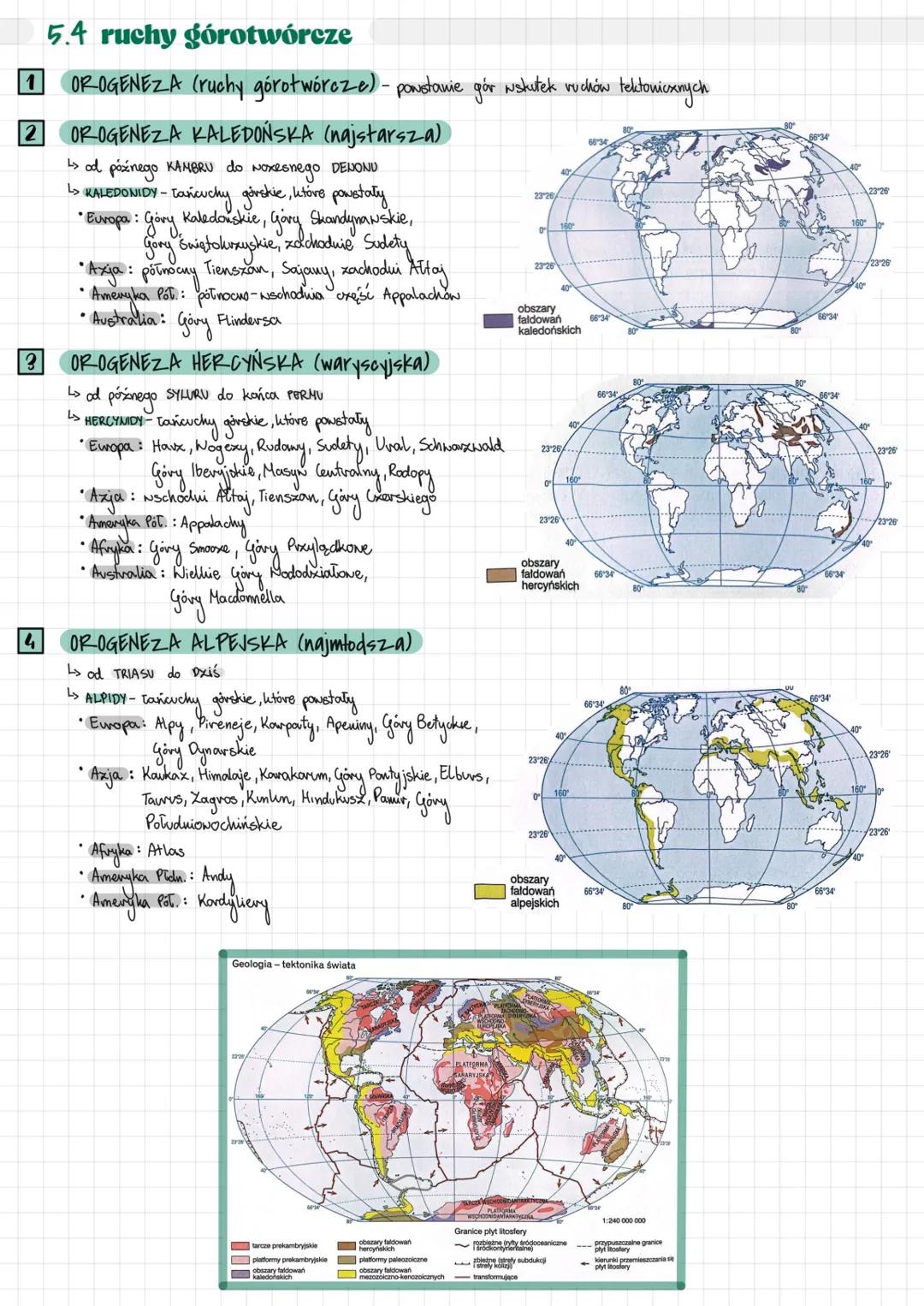 5.4 ruchy górotwórcze
1 OROGENEZA (ruchy górotwórcze) - powstanie gór wskutek ruchów tektonicznych
2 OROGENEZA KALEDÓŃSKA (najstarsza)
> o