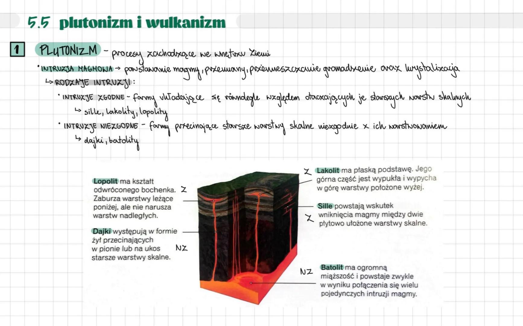 5.5 plutonizm i wulkanizm
1 PLUTONIZM - procesy xachodzące we whetixu Ziemi
"INTRUZJA MAGMONA powstawanie magmy, przemiany, prxenueszczanie