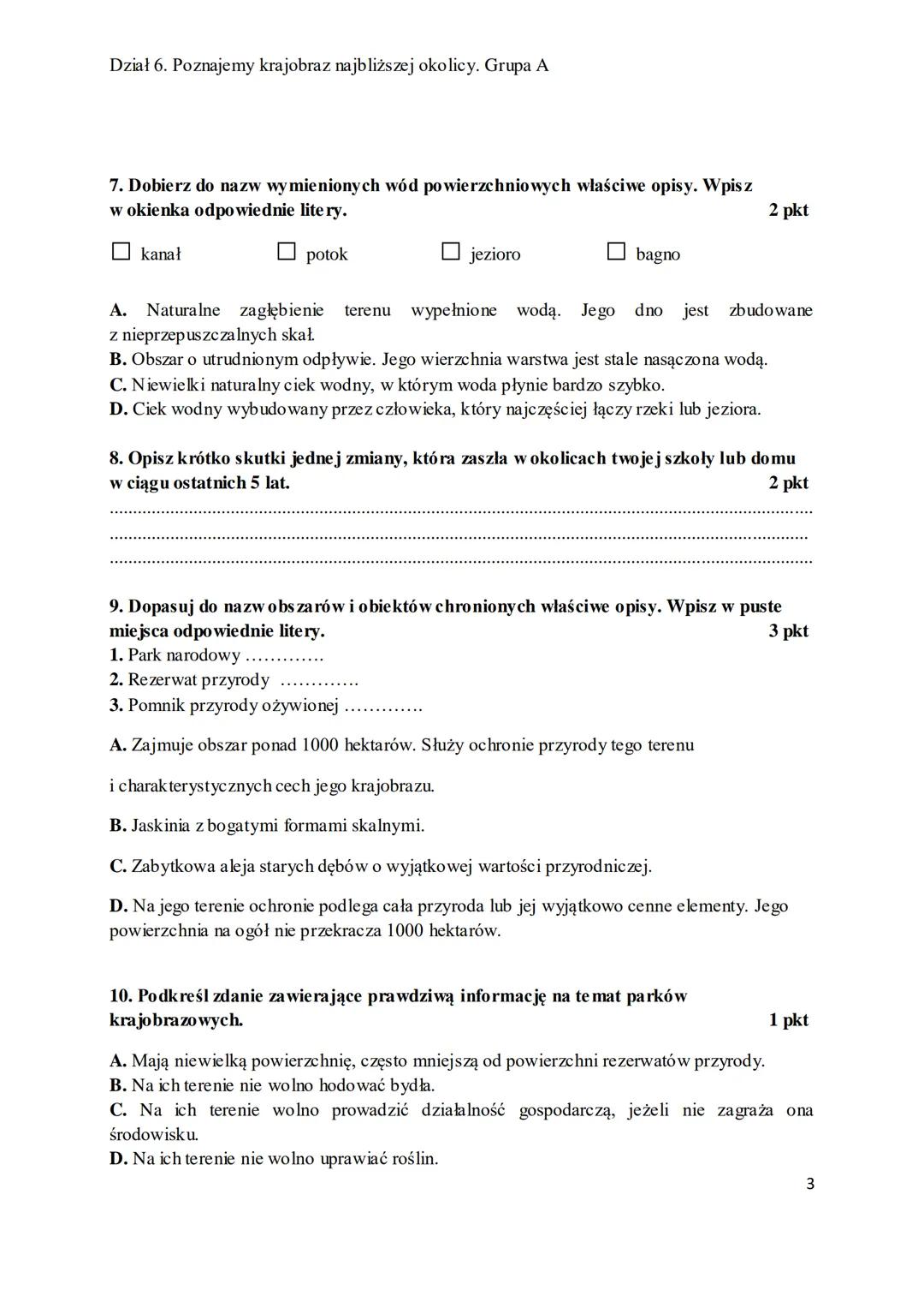 Dział 6. Poznajemy krajobraz najbliższej okolicy. Grupa A
Grupa A
data
imię i nazwisko ucznia
Poznajemy krajobraz najbliższej okolicy
1. Uzu