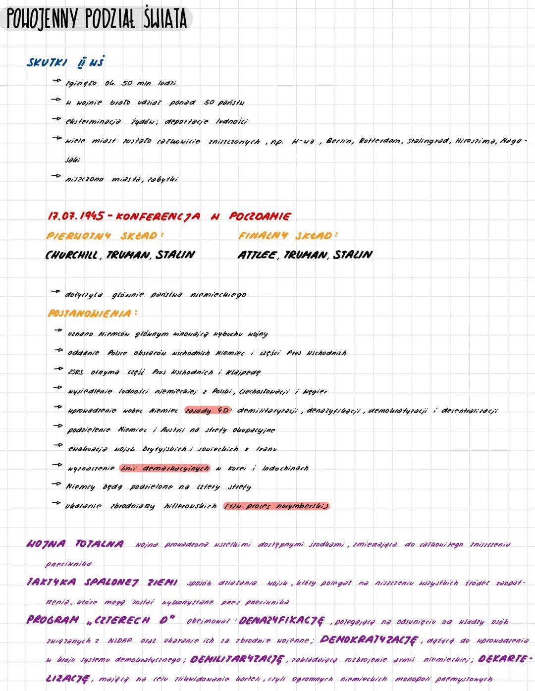 # POWOJENNY PODZIAŁ ŚWIATA
SKUTKI INS
- zginęło 04. 50 min ludzi
- H wojnie brało udział ponad 50 paristh
- eksterminacja Żydów; deporta