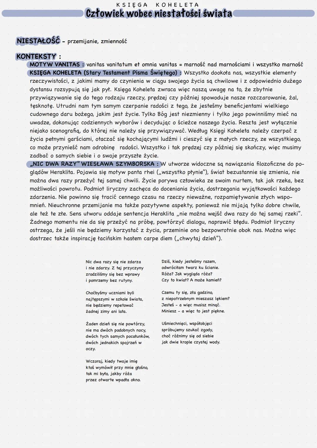 # KSIĘGA KOHELETA
Człowiek wobec niestałości świata
NIESTAŁOŚĆ - przemijanie, zmienność
KONTEKSTY:
MOTYW VANITAS: vanitas vanitatum et omn