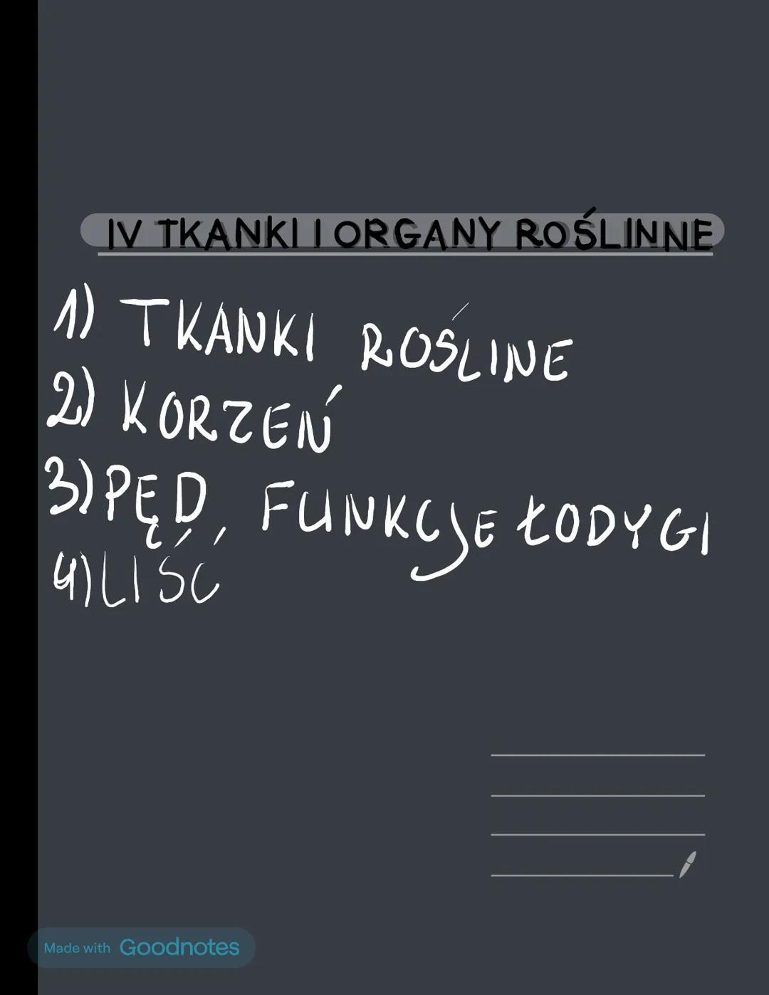 IV TKANKI I ORGANY ROŚLINNE
1) TKANKI ROSLINE
2) KORZEŃ
3) PĘD, FUNKCJE ŁODYGI
4)LISC
Made with Goodnotes 1)
TKANKI
t. twórcze
t. state
а
za